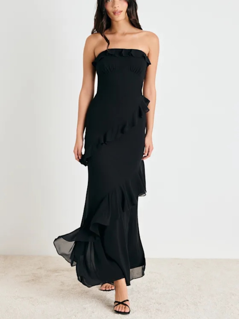 Lulus Dramatic Allure Black Ruffled Cutout Strapless Maxi Dress
